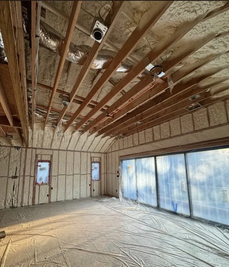 Interior walls and ceiling insulated with spray foam during new construction in Upper Allen